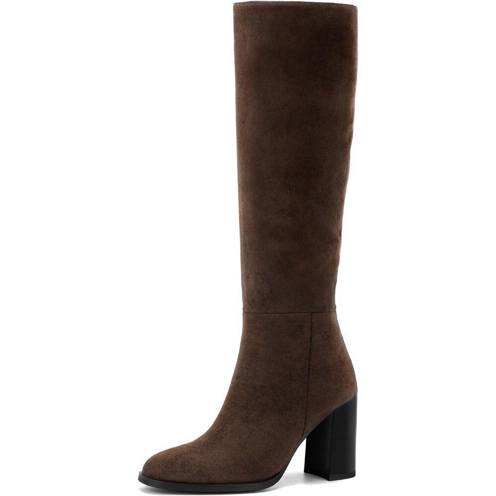 〽️Women's Brown Lumeheel Knee High Boots Round Chunky Heel Side Zip Tall Boots